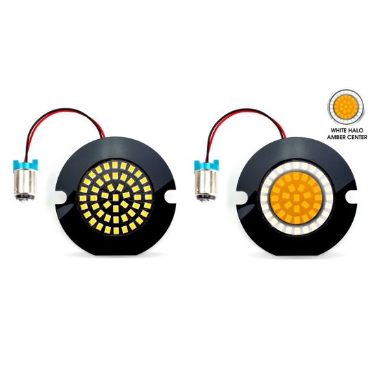 AC11 LED 1157 Front Turn Signal / Running Light Bulbs for Yamaha  3" Housings, Pair,  White Halo Ring + Amber