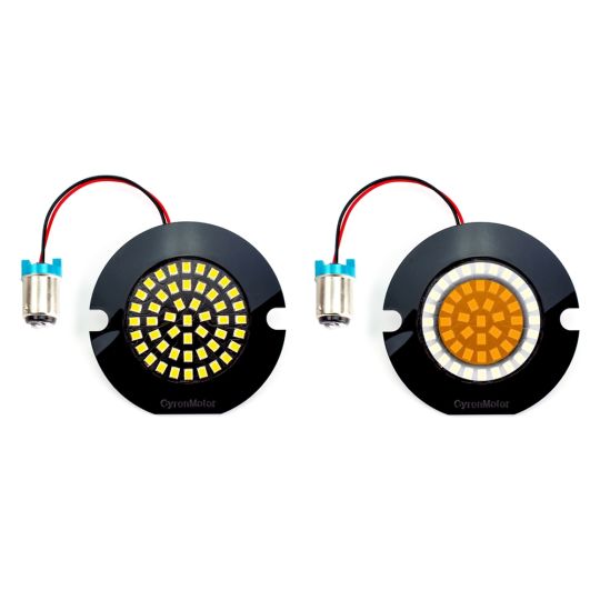 AC11 LED 1157 Front Turn Signal / Running Light Bulbs for Harley Davidson, 3” Flat Style Pancake Housings, Pair, White Halo Ring + Amber
