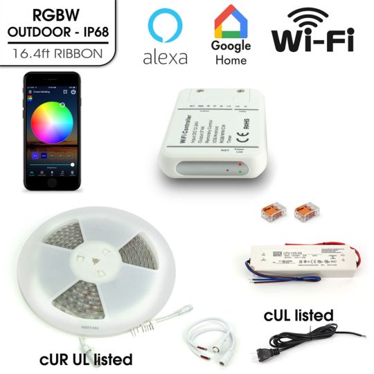 Ribbon LED Light Multicolor RGB+W Kit Wifi, Outdoor IP68 16.4ft, Alexa & Google Voice Compatible