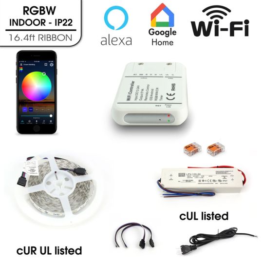 Ribbon LED Light Multicolor RGB+W Kit Wifi, Indoor IP22 16.4ft, Alexa & Google Voice Compatible
