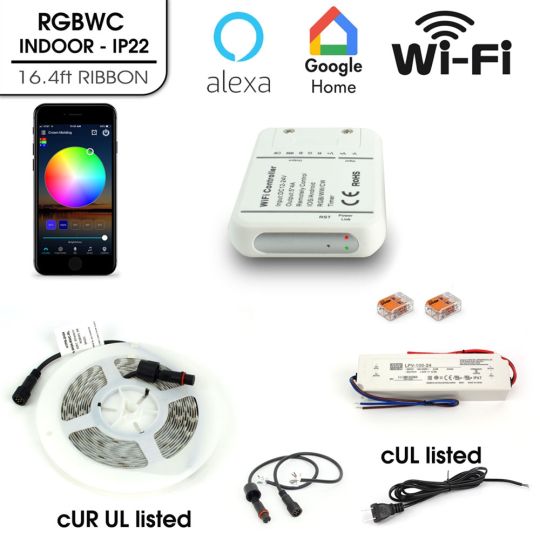Ribbon LED Light Multicolor RGB+W+CW Kit Wifi, Indoor IP22 16.4ft, Alexa & Google Voice Compatible