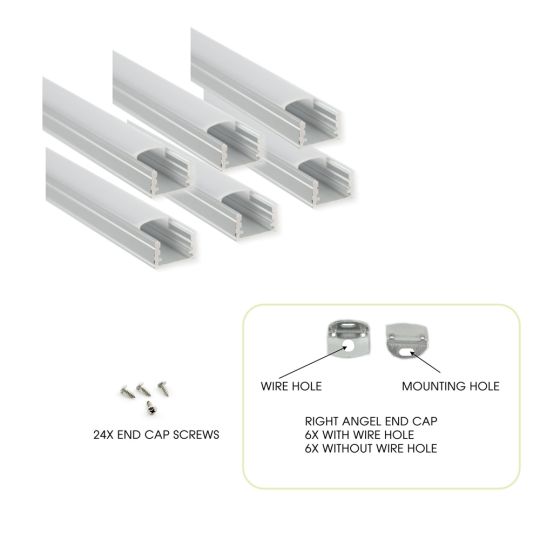 6-Pack 3.3ft / 1 Meter U Shape LED Ribbon Tape Strip Aluminum Channel Extrusion Profile With Cover, End Caps + Mounting Clips