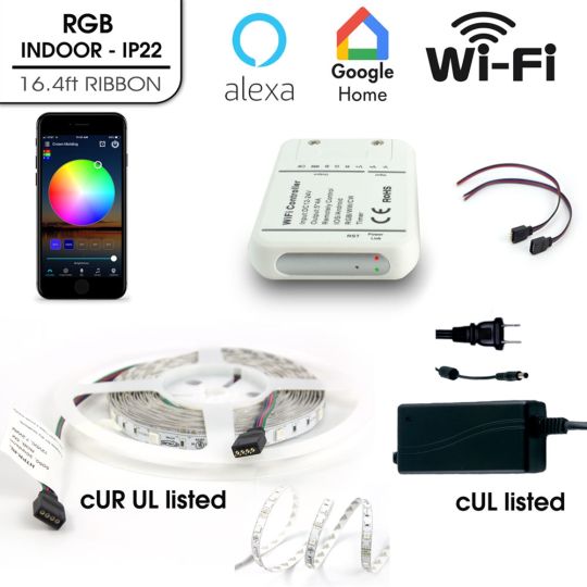 Ribbon LED Light Multicolor RGB Kit Wifi, Indoor IP22 16.4ft , Alexa & Google Voice Compatible