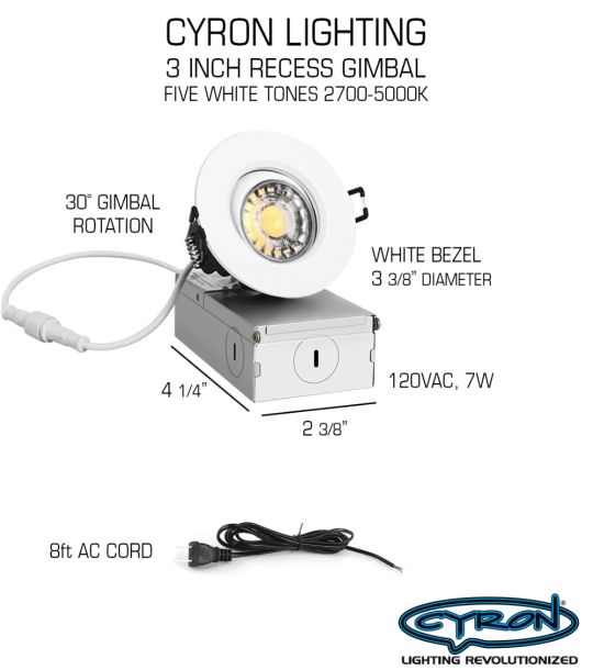 Downlight Gimbal LED recessed, 3" 120VAC 7W White trim 5-tone CCT 2700-5000K - 4pack